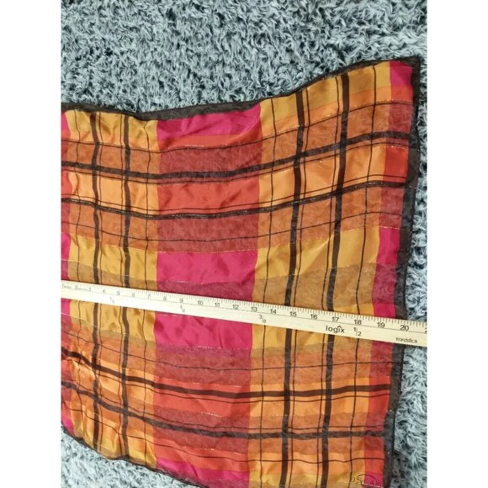 Oscar de la Renta Women Quiet Luxury Earthy Silk Plaid Scarf Orange Metallic Lux